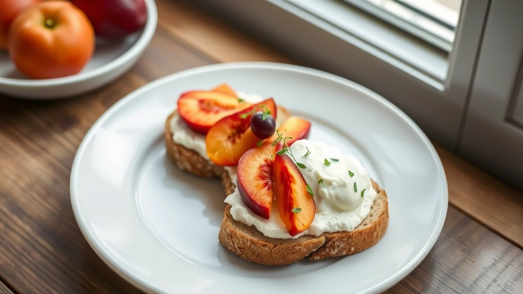 Artistic plating of ricotta toast on rustic sourdough with seasonal stone fruits, delicate herb garnish, and microgreens, soft natural window lighting, minimalist white plate, vibrant fruit colors contrasting pale ricotta