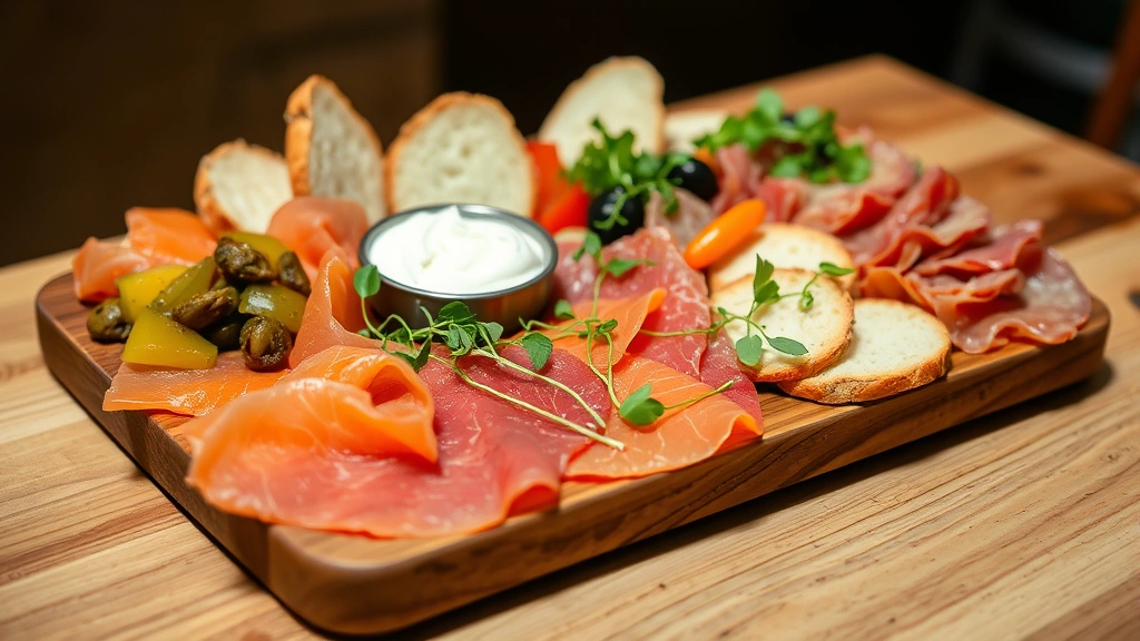 Professionally prepared smoked fish and cured meat platter with house-made cream cheese, pickled vegetables, fresh bread slices, capers, and microgreens artfully arranged on wooden serving board, restaurant-quality lighting, fresh and appetizing presentation
