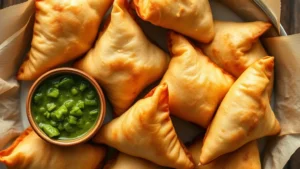 Overhead view of golden-brown samosas with crispy flaky pastry shells and steam rising, served alongside vibrant green mint chutney and tamarind sauce in small ceramic bowls, warm afternoon lighting highlighting the pastry texture