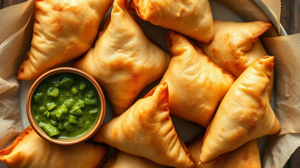 Overhead view of golden-brown samosas with crispy flaky pastry shells and steam rising, served alongside vibrant green mint chutney and tamarind sauce in small ceramic bowls, warm afternoon lighting highlighting the pastry texture