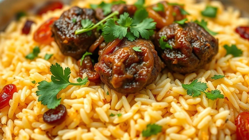 Closeup of succulent tandoori lamb biryani with each basmati rice grain separated and glistening, topped with caramelized onions, fresh cilantro, and saffron-infused rice, aromatic steam visible, shallow depth of field
