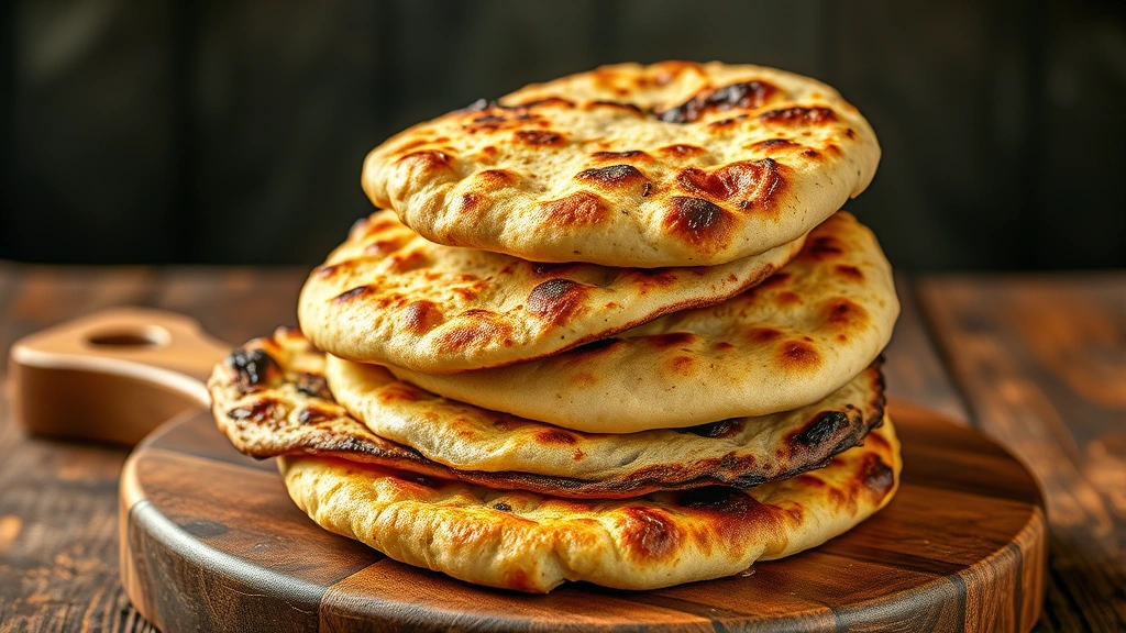 Artistic arrangement of traditional Indian breads fresh from tandoor oven including charred naan, roti, and puri, stacked on rustic wooden board, ghee dripping, warm golden lighting, textured surface details visible