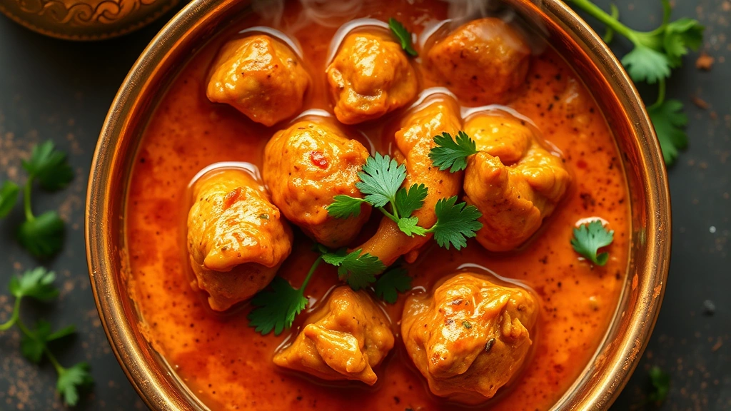 Overhead shot of a vibrant butter chicken curry in a traditional copper serving bowl, rich tomato-cream sauce coating tender chicken pieces, garnished with fresh cilantro, steam rising from the dish, warm golden lighting
