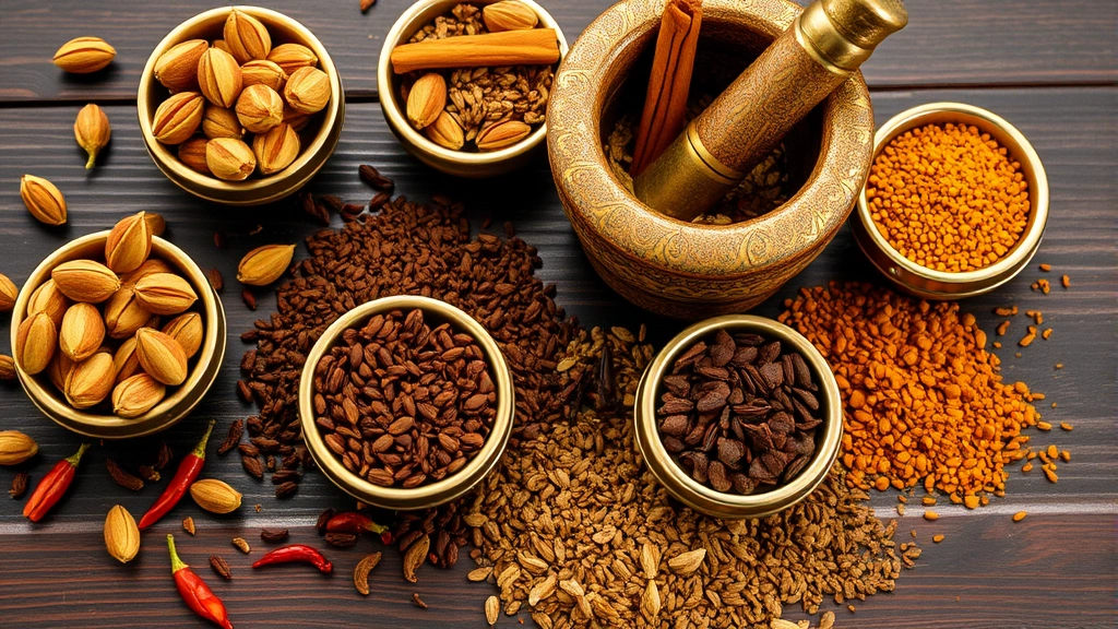 Artfully arranged Indian spice collection in small brass bowls - whole cardamom pods, cinnamon sticks, cumin seeds, coriander seeds, dried chilies, fenugreek, cloves scattered on dark wooden surface with mortar and pestle