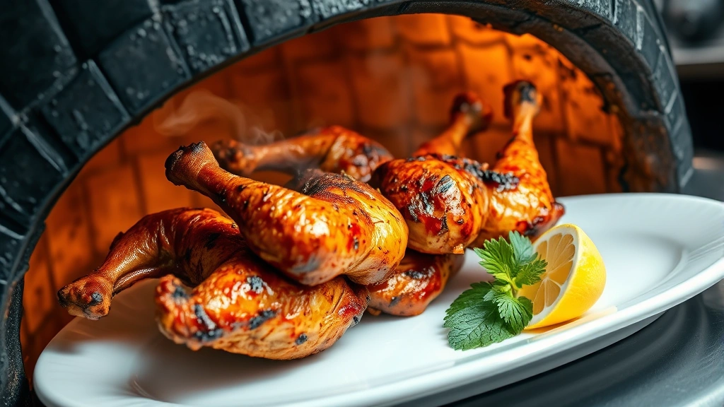 Tandoori chicken emerging from traditional clay tandoor oven with charred exterior, smoky wisps visible, glistening with marinade, served on white plate with lemon wedges and fresh mint, professional restaurant kitchen setting