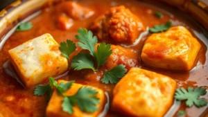 Close-up of steaming paneer tikka masala with creamy tomato sauce, fresh cilantro garnish, and glistening ghee drops, served in traditional ceramic bowl with warm lighting emphasizing spice aromas and rich texture