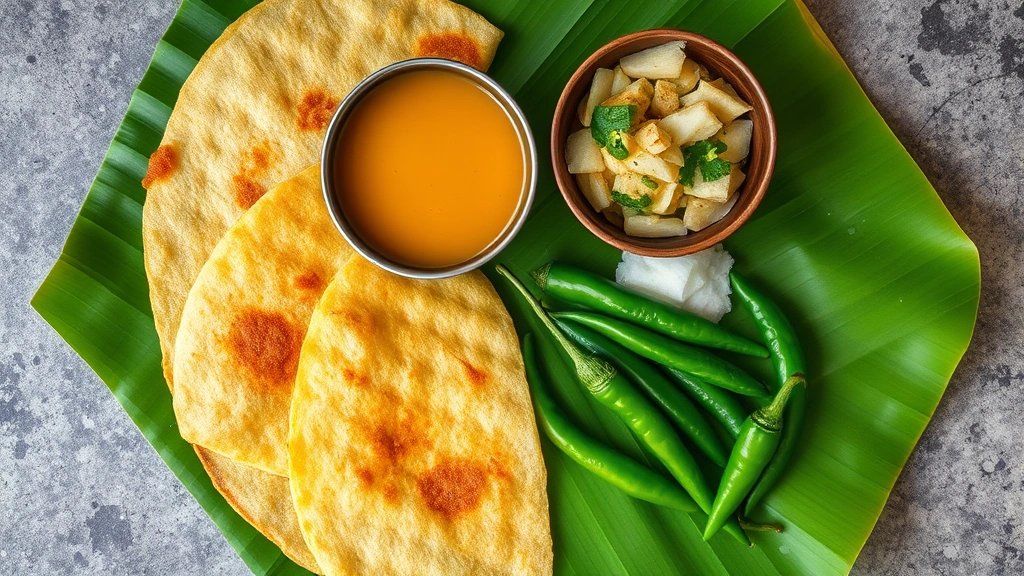 Vibrant overhead flat lay of dosa with crispy golden exterior, sambar in small vessel, coconut chutney, and fresh green chilies arranged on banana leaf, natural daylight highlighting fermented textures and vibrant colors