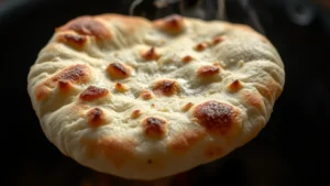 Close-up of freshly made naan bread with slight char marks, steam rising, golden-brown exterior visible against dark tandoori oven background, professional food photography lighting
