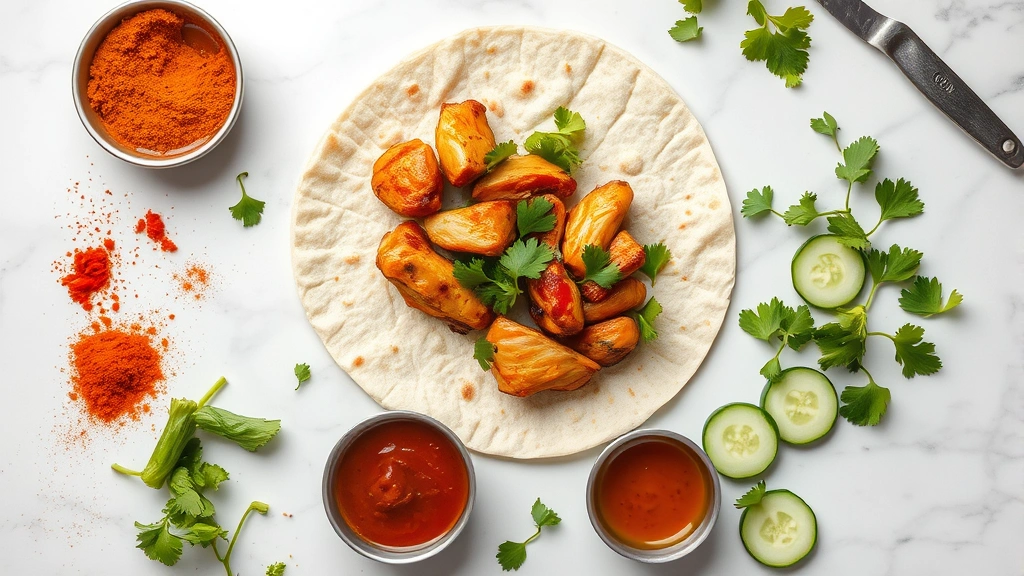 Overhead flat lay of an Indian wrap being assembled with tandoori chicken, fresh cilantro, cucumber slices, and tamarind chutney visible on marble countertop, vibrant spice colors