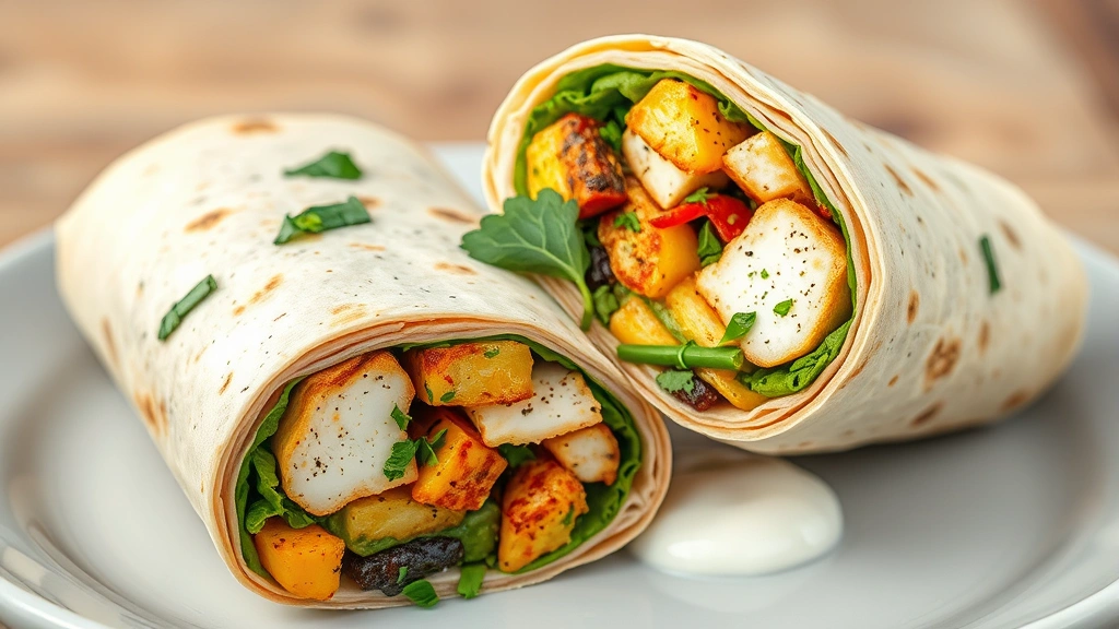 Cross-section of a perfectly wrapped Indian wrap showing layers of paneer tikka, roasted vegetables, raita, and fresh herbs, cut to display internal composition, professional plating style
