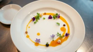 Overhead shot of an elegantly plated fine dining dish with microgreens, edible flowers, and artistic sauce swirls on a white ceramic plate, professional restaurant kitchen lighting, shallow depth of field, warm golden highlights