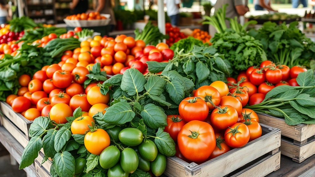 Vibrant farmers market scene with freshly harvested heirloom tomatoes, leafy greens, and seasonal vegetables in wooden crates, natural daylight, authentic market atmosphere, rustic wooden tables