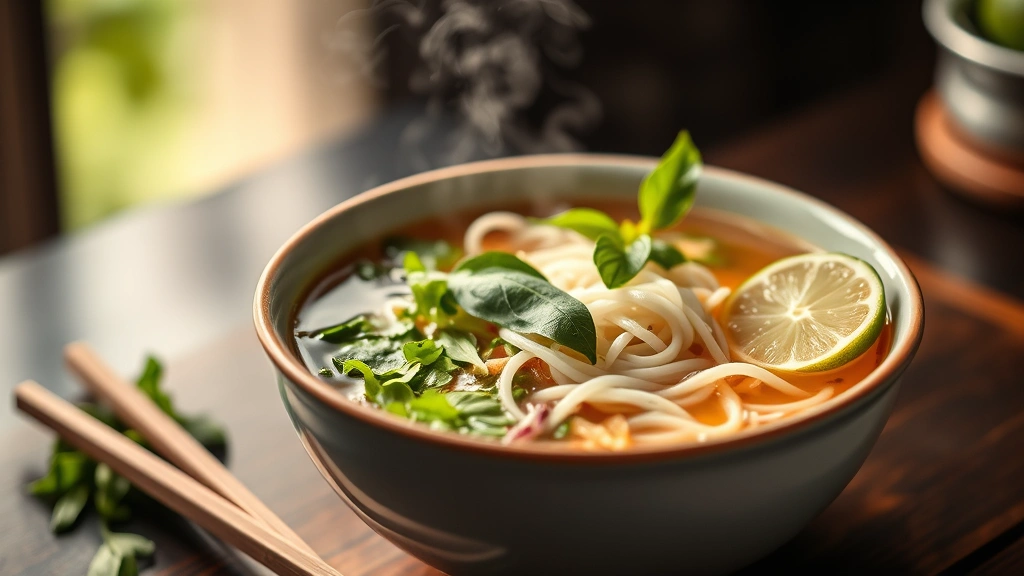 Steaming bowl of Vietnamese pho with fresh herbs, rice noodles, and aromatic broth, garnished with Thai basil and lime wedge, chopsticks beside bowl, soft warm lighting, close-up food photography