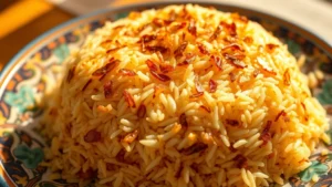 Golden-brown tahdig rice with crispy caramelized bottom layer being broken into shards, steam rising, served on traditional Persian ceramic plate with vibrant turquoise and cobalt patterns, natural warm lighting highlighting the nutty color and texture contrast between fluffy white rice and bronzed crust