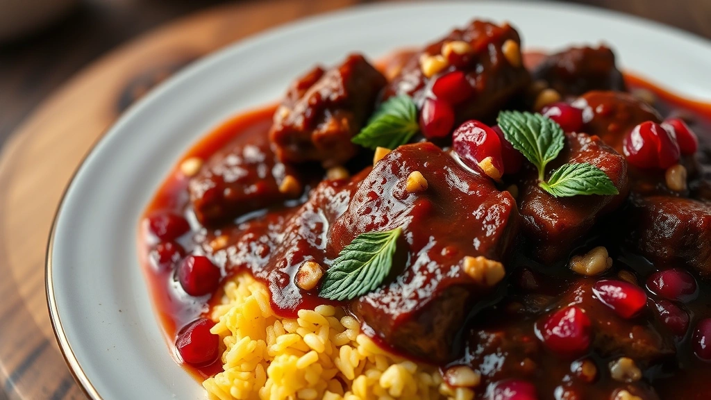 Rich burgundy fesenjan sauce with tender duck pieces, crushed walnuts creating velvety texture, pomegranate molasses glaze glistening, served over saffron rice with tahdig, garnished with fresh pomegranate arils and mint leaves, warm overhead lighting emphasizing the deep wine color and luxurious appearance