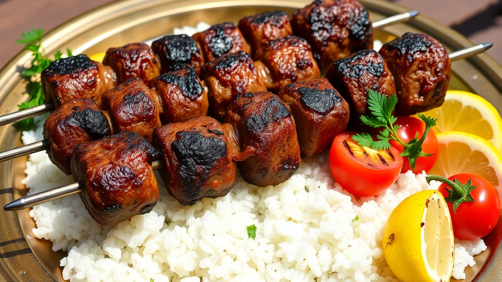 Charcoal-grilled koobideh kebabs on metal skewers with beautiful char marks, crispy exterior, served on white rice with fresh herb bundles of dill parsley and mint, grilled tomato and pepper halves, warm lemon wedges, traditional brass plate, natural afternoon sunlight creating appetizing shadows and highlights on the smoky meat