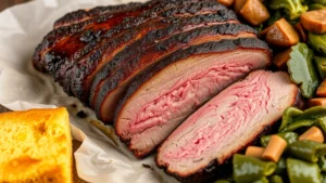 Perfectly smoked barbecue brisket with mahogany bark, sliced thick showing pink smoke ring, resting on butcher paper beside cornbread and collard greens