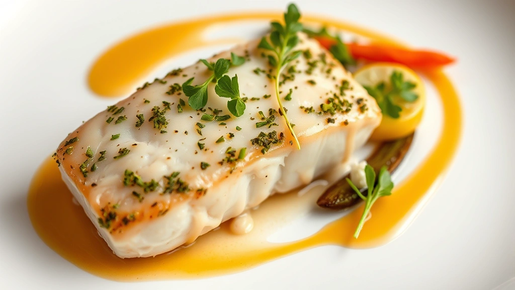 Elegant plated fine dining dish featuring herb-crusted protein with artistic sauce swoosh, seasonal vegetables, and microgreens on white ceramic plate