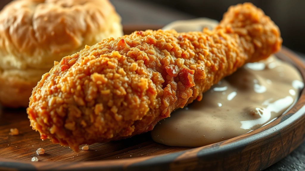 Close-up of golden-fried chicken leg with shattering crispy skin, steam rising, served with buttermilk biscuit and sausage gravy on rustic wooden table