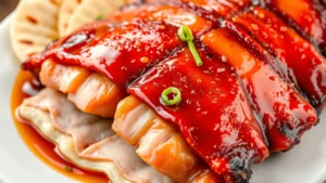 Close-up of glistening Peking duck with crispy mahogany skin, lacquered appearance, served on white porcelain plate with thin pancakes, sweet bean sauce, and fresh scallion strips arranged artfully