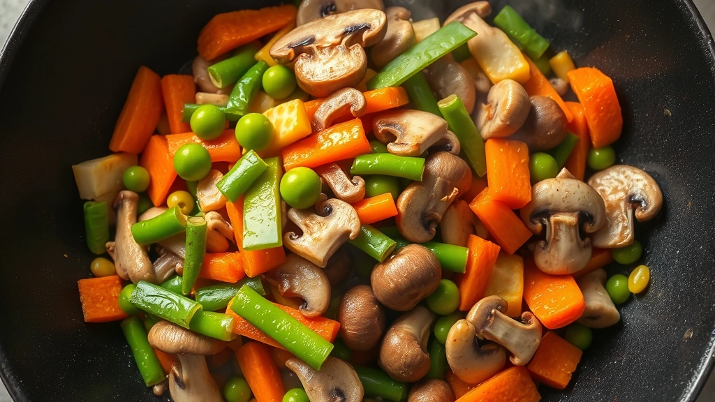 Overhead shot of vibrant stir-fried mixed vegetables in wok, steam rising, colors popping—snap peas, carrots, mushrooms, baby corn glistening with light oil coating, garlic and ginger visible