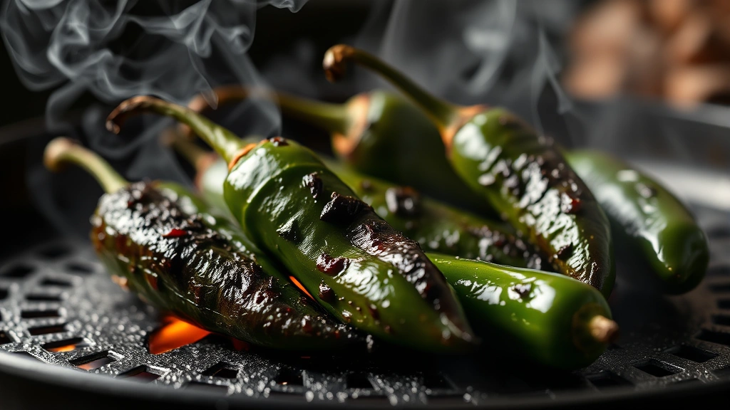 Close-up of jalapeño peppers being charred over open flame on a traditional comal griddle, smoke rising, showing the blackened exterior and glistening surface with dramatic lighting