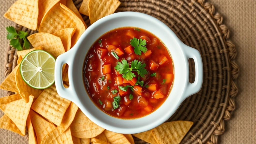 Overhead shot of perfectly prepared Jalisco-style salsa in white ceramic dish with visible chunky texture, fresh cilantro sprinkles, surrounded by warm tortilla chips and quartered lime on woven placemat