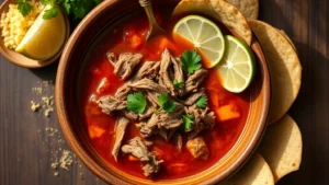Overhead shot of vibrant birria de res in earthenware bowl with rich mahogany broth, shredded beef, lime wedges, and tostadas arranged around rim, steam rising, natural lighting