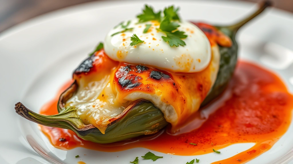 Close-up of charred poblano chile relleno oozing melted Oaxaca cheese, topped with light egg foam, served on white plate with red chile sauce, garnished with cilantro sprigs