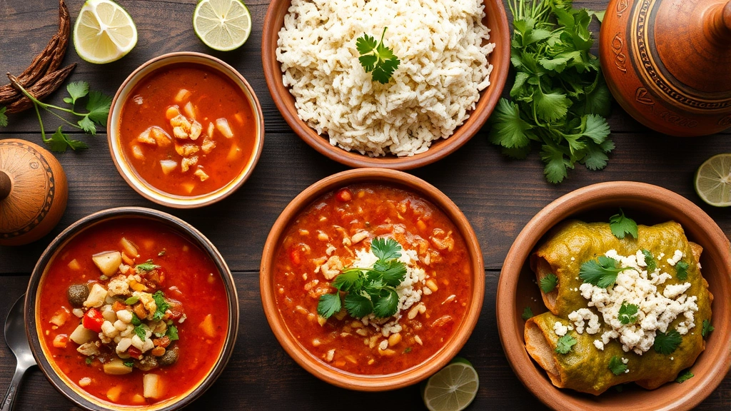 Rustic flat lay of multiple Mexican dishes: pozole rojo with hominy and toppings, enchiladas verdes with crumbly queso fresco, fresh cilantro bundles, dried chilies, lime halves, and traditional clay serving vessels