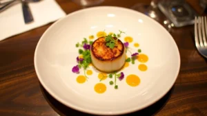 Artfully plated fine dining dish featuring seared scallop with microgreens, edible flowers, and elegant sauce dots on white ceramic plate, fine dining restaurant setting