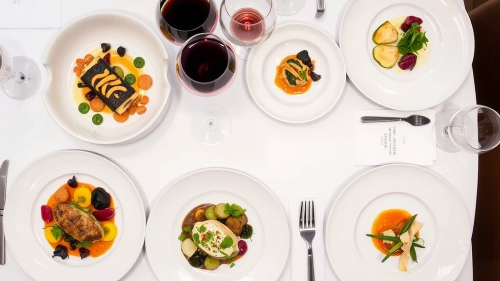 Overhead view of multi-course tasting menu progression displayed on table with wine glasses, showing varied plating styles and seasonal vegetable preparations
