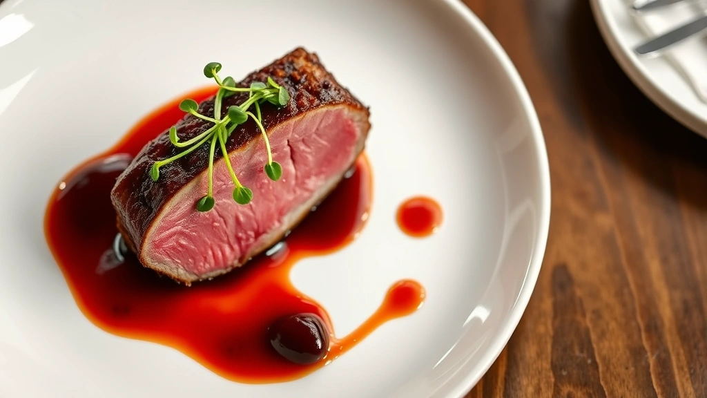 Overhead shot of an elegantly plated fine dining dish featuring perfectly seared duck breast with cherry gastrique, microgreens, and artistic sauce presentation on white ceramic plate, professional restaurant lighting, shallow depth of field