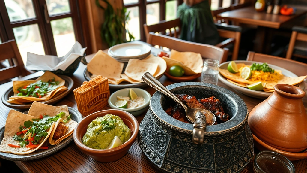 Rustic wooden table laden with colorful Mexican dishes including handmade tortillas, fresh guacamole in molcajete, sizzling carne asada, cilantro, lime wedges, and traditional clay serving vessels, natural warm lighting from restaurant windows