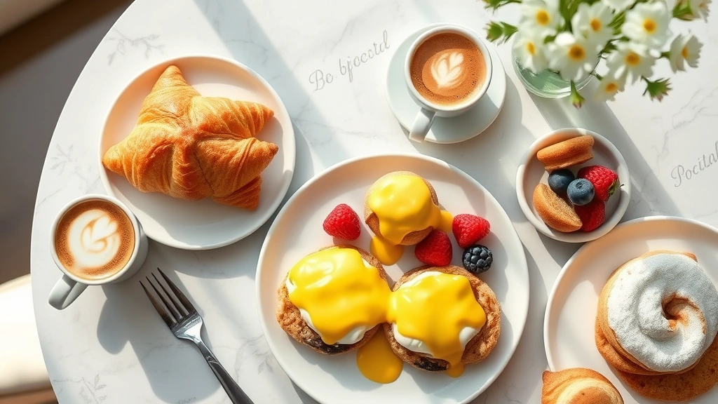 Overhead brunch spread featuring croissants with flaky golden layers, eggs Benedict with hollandaise dripping down, fresh berries, cappuccino with latte art, pastries, and fresh flowers in vase, bright natural morning light, inviting warm aesthetic