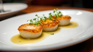 Pristine seared diver scallops with golden crust, creamy centers, citrus beurre blanc, and delicate microgreens on white ceramic plate, professional restaurant plating, shallow depth of field