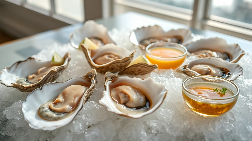 Fresh raw oysters on ice bed with shells glistening, briny ocean aroma visible, mignonette sauce in small glass, natural window lighting, coastal aesthetic, no labels