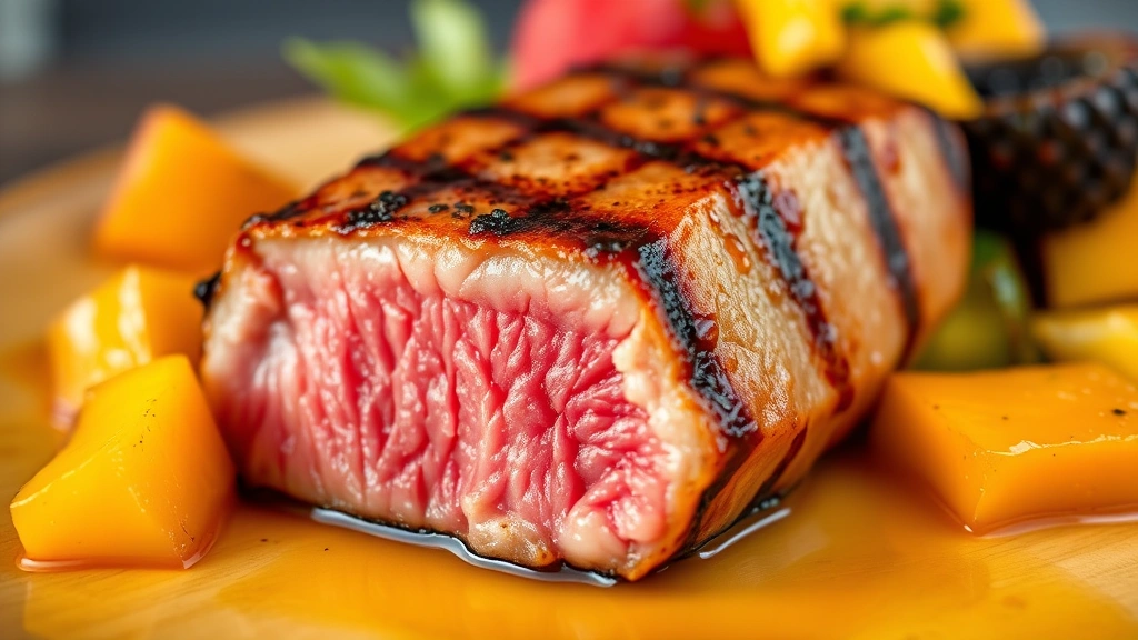 Grilled ahi tuna fillet with passion fruit glaze, perfect medium-rare center, charred surface, tropical fruit garnish, restaurant-quality plating, warm golden lighting, close-up detail