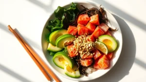 Overhead flat lay of vibrant Hawaiian poke bowl with soy-marinated ahi, sesame seeds, seaweed, avocado, and cucumber on white ceramic plate with wooden chopsticks, natural window light casting shadows