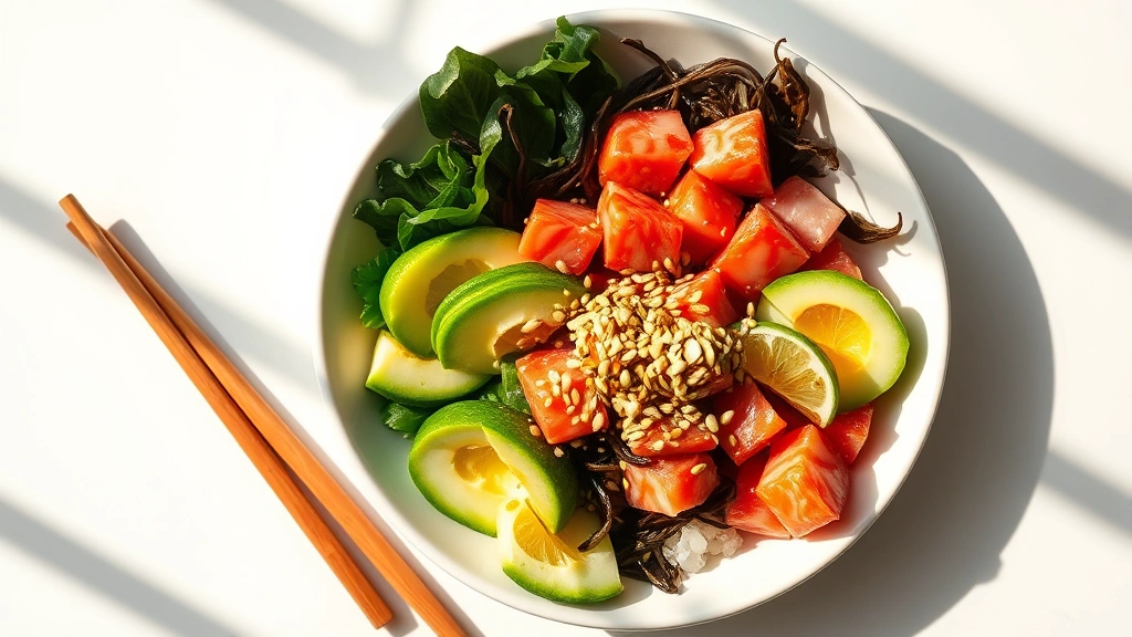 Overhead flat lay of vibrant Hawaiian poke bowl with soy-marinated ahi, sesame seeds, seaweed, avocado, and cucumber on white ceramic plate with wooden chopsticks, natural window light casting shadows