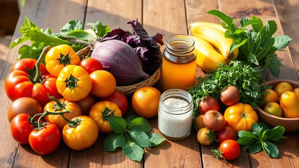 Rustic wooden table laden with farm-fresh Hawaiian ingredients: colorful heirloom tomatoes, purple ube yam, fresh limu seaweed, local honey jar, tropical fruits, and fresh herbs arranged artfully in natural daylight