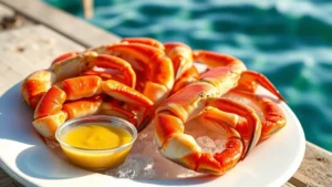 Glistening fresh stone crab claws arranged on white plate with mustard sauce, ice-cold presentation, ocean water visible background, tropical lighting