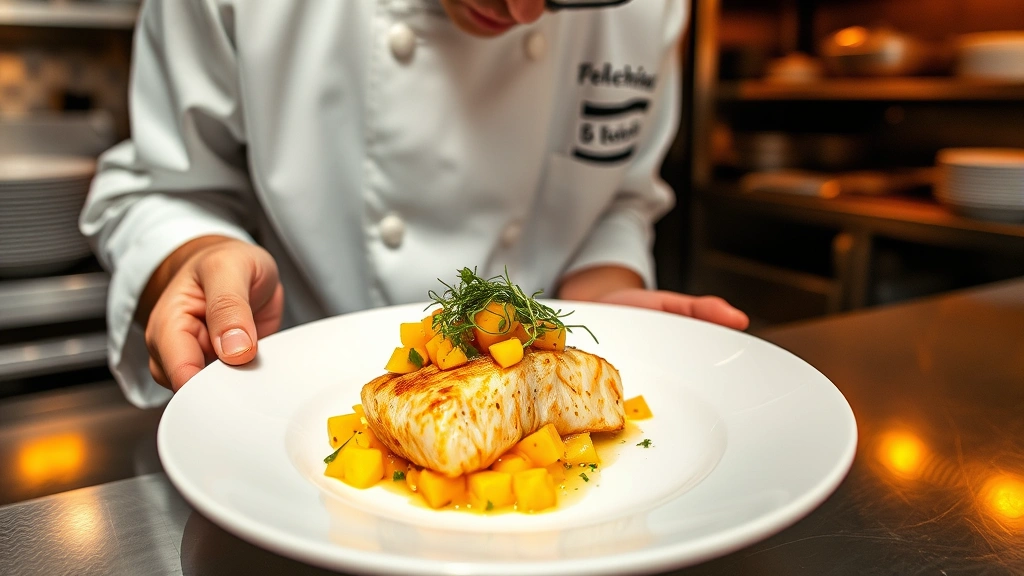 Chef plating elegant mahi-mahi fillet with vibrant mango salsa and microgreens, professional kitchen setting, warm golden lighting reflecting off plate
