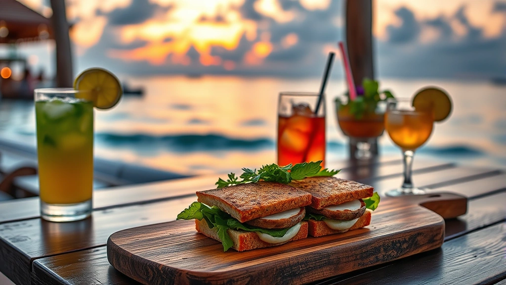 Waterfront sunset dining scene with fresh grouper sandwich on wooden board, tropical drinks, ocean horizon glowing orange-pink, soft evening light