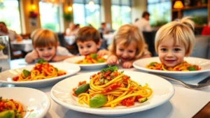 Colorful children's pasta dishes with fresh vegetables, vibrant sauce, and garnished herbs on white ceramic plates, warm restaurant lighting, family dining atmosphere