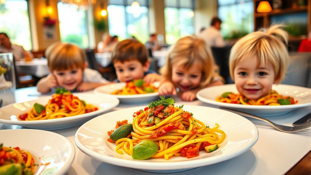 Colorful children's pasta dishes with fresh vegetables, vibrant sauce, and garnished herbs on white ceramic plates, warm restaurant lighting, family dining atmosphere