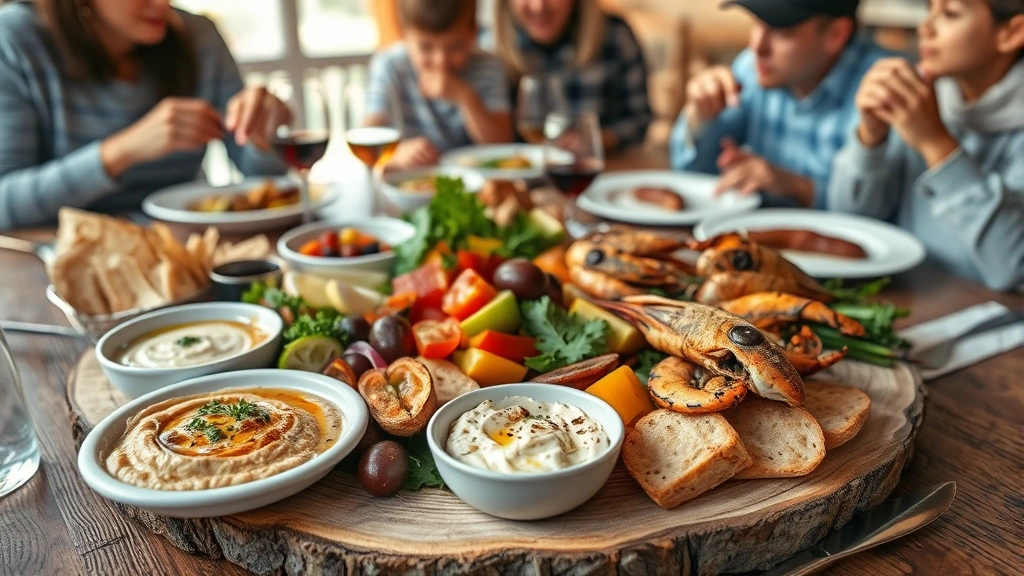 Fresh Mediterranean mezze platter with hummus, olives, fresh vegetables, pita bread, and grilled seafood arranged on rustic wooden table with families dining in soft background