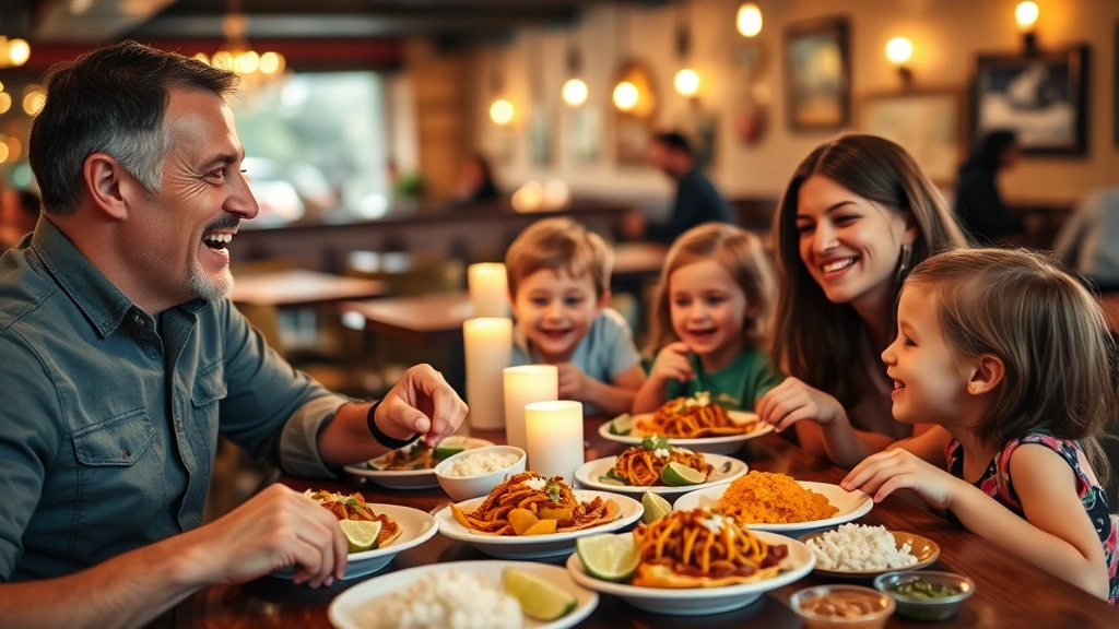 Parents and young children laughing together at restaurant table with small plates of tacos, rice, and fresh lime wedges, warm candlelit ambiance, genuine family moment