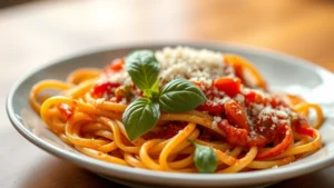 Colorful pasta dish with fresh basil, vibrant red tomato sauce, and grated cheese on white ceramic plate, warm natural lighting, shallow depth of field, appetizing presentation