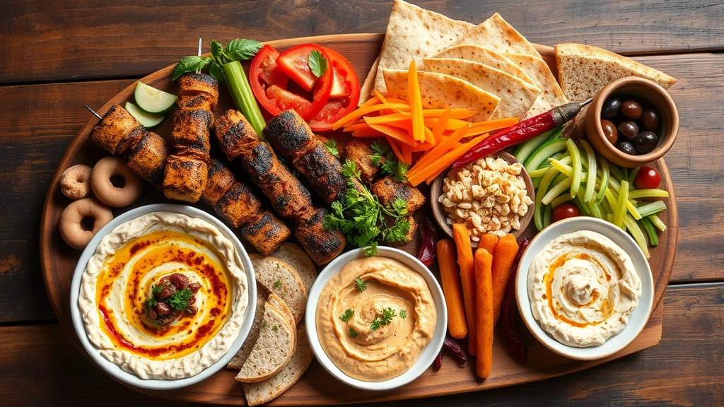 Diverse mezze platter with hummus, tabbouleh, grilled kebabs, pita bread, fresh vegetables and olives arranged artfully on rustic wooden table, Mediterranean style